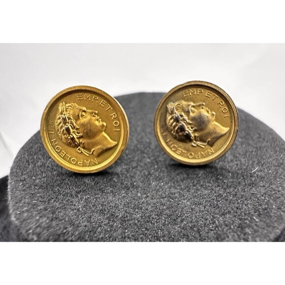 Vintage French Emperor Napoleon Bonaparte Coin Gold Tone Earrings Screw Back BR - Picture 2 of 11